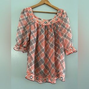 NWOT Vintage Anna Sui square neck silk geometric and flower pattern sheer blouse